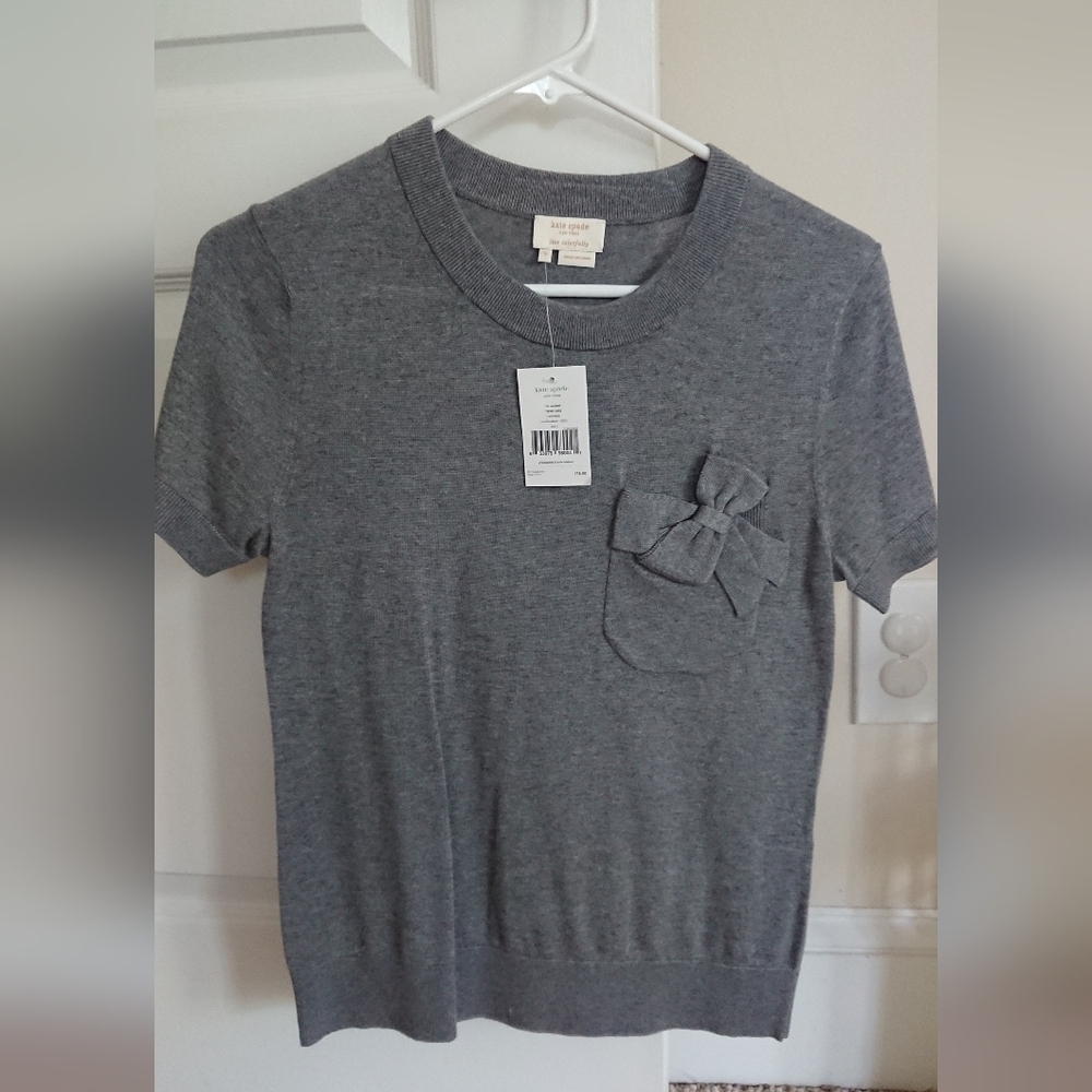 Kate Spade gray Bow detailed pocket silk and cotton Knit top size S
